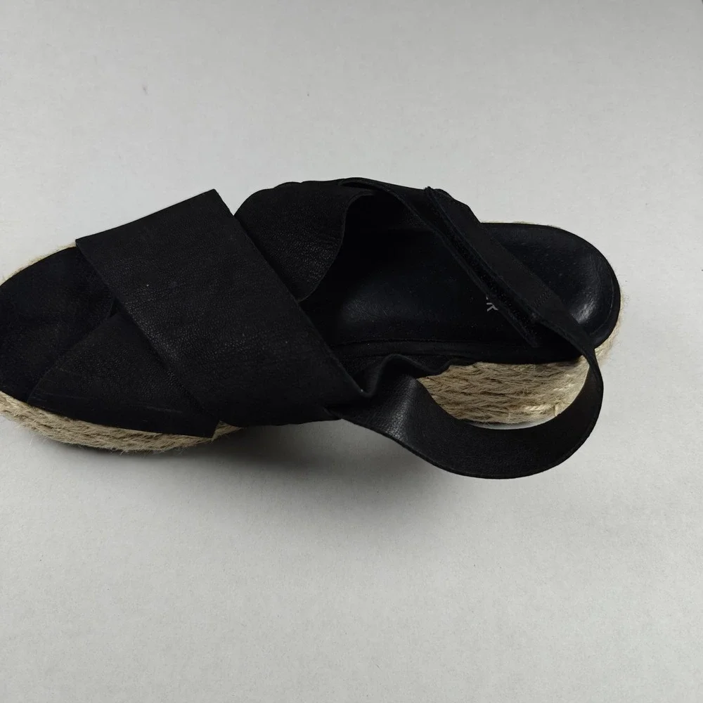 Eileen Fisher‎ Women's Black Leather Timor Espadrille Wedge Sandals Size 7